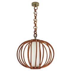 Large Globe Pendant Hanging Light in Rattan and Milk Glass, 1950