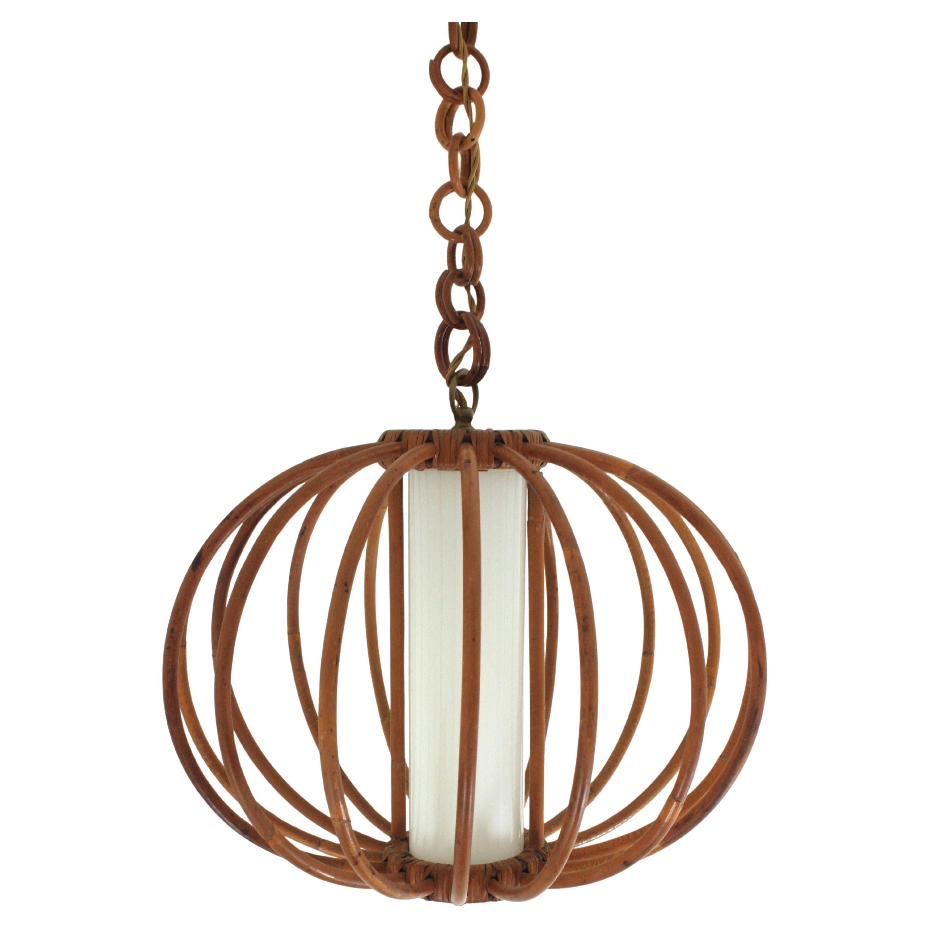 Large Globe Pendant Hanging Light in Rattan and Milk Glass, 1950