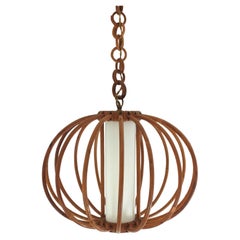 Large Globe Pendant Hanging Light in Rattan and Milk Glass, 1950