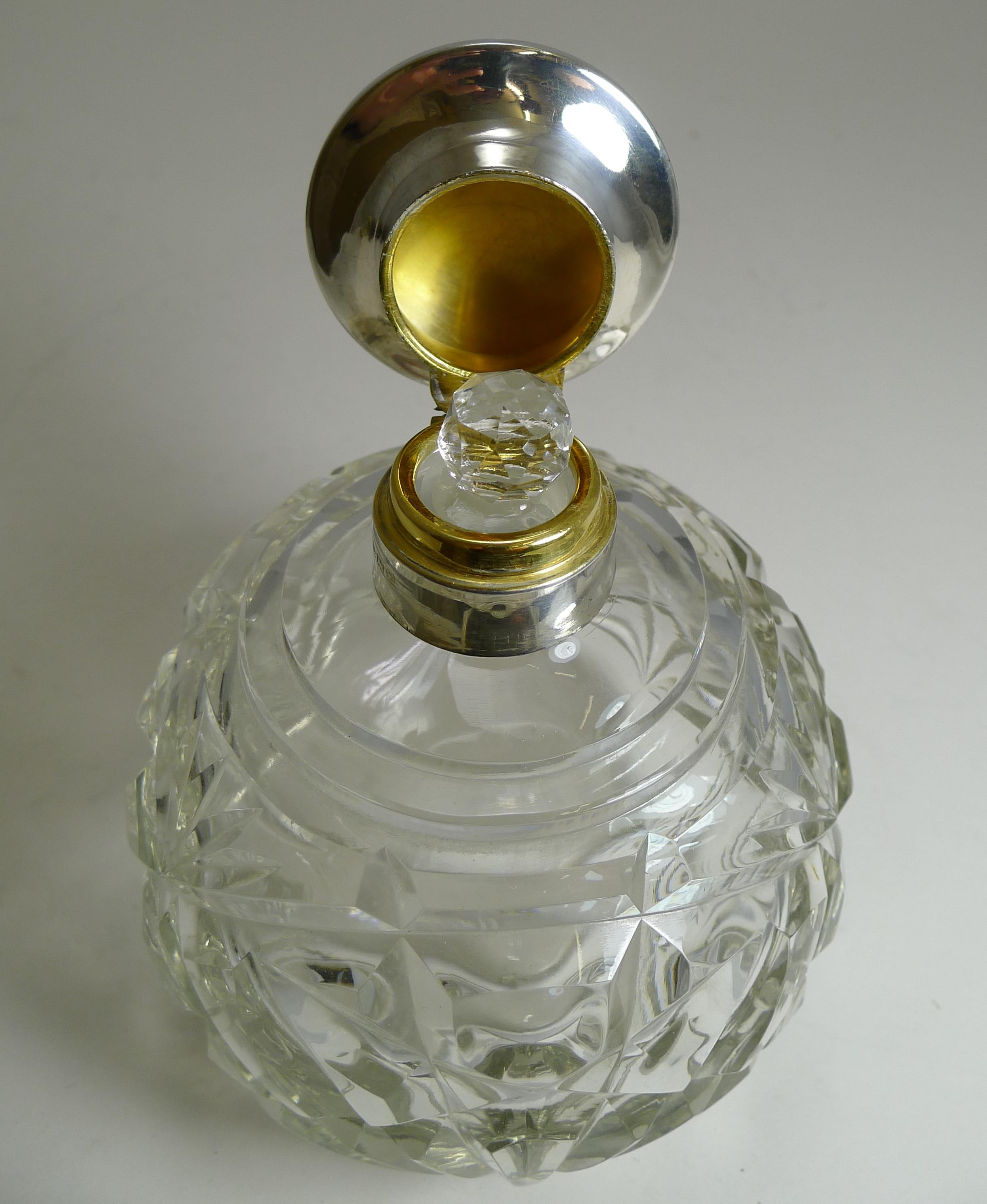 Large Globe Perfume Bottle, English Sterling Silver and Guilloche Enamel Lid In Good Condition In Bath, GB