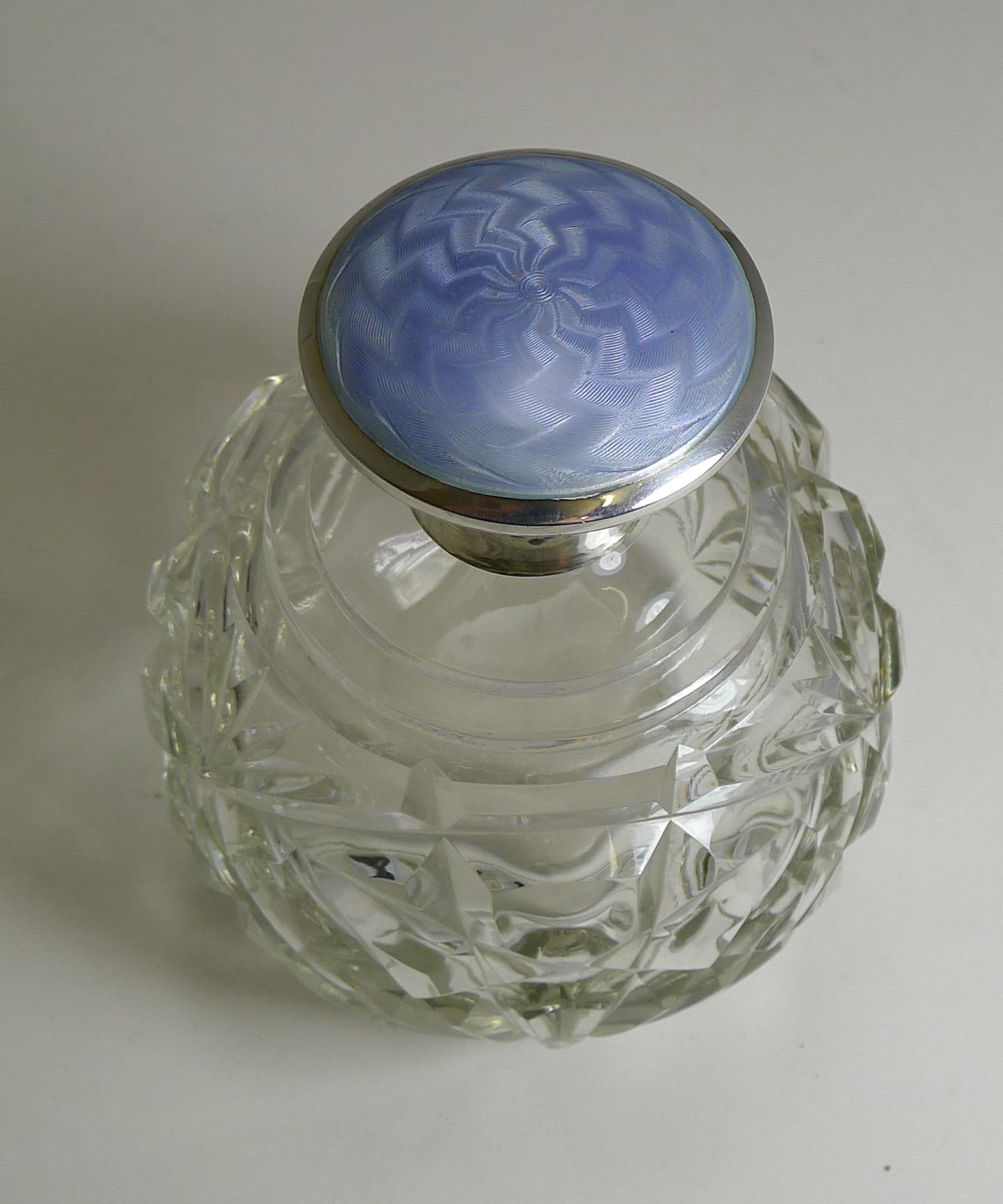 Large Globe Perfume Bottle, English Sterling Silver and Guilloche Enamel Lid 1