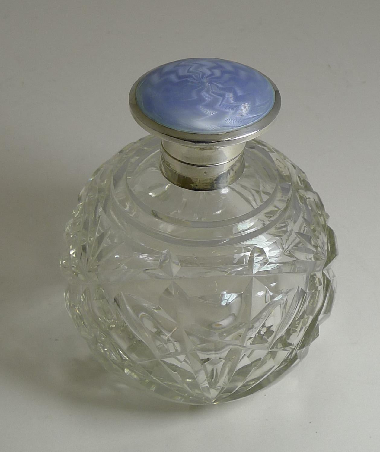 Large Globe Perfume Bottle, English Sterling Silver and Guilloche Enamel Lid 2