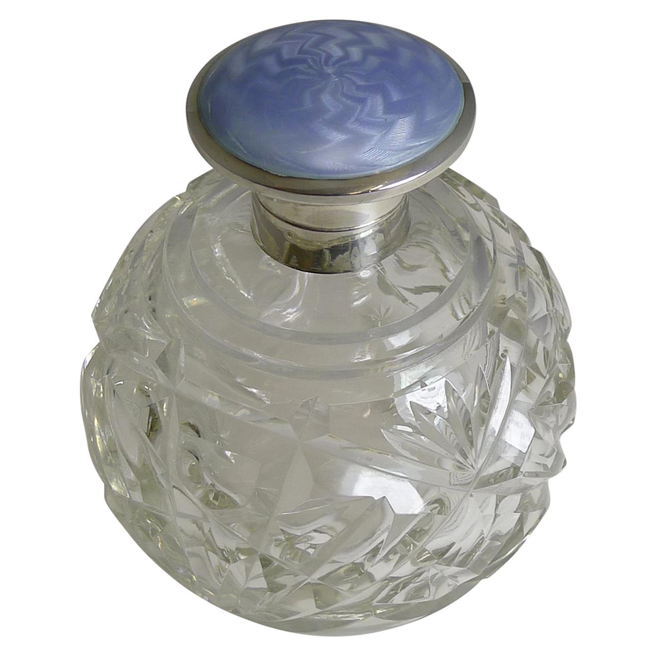 Large Globe Perfume Bottle, English Sterling Silver and Guilloche Enamel Lid