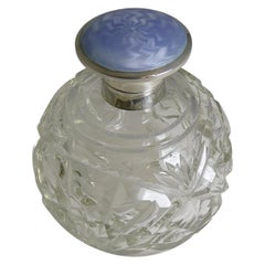 Antique Large Globe Perfume Bottle, English Sterling Silver and Guilloche Enamel Lid