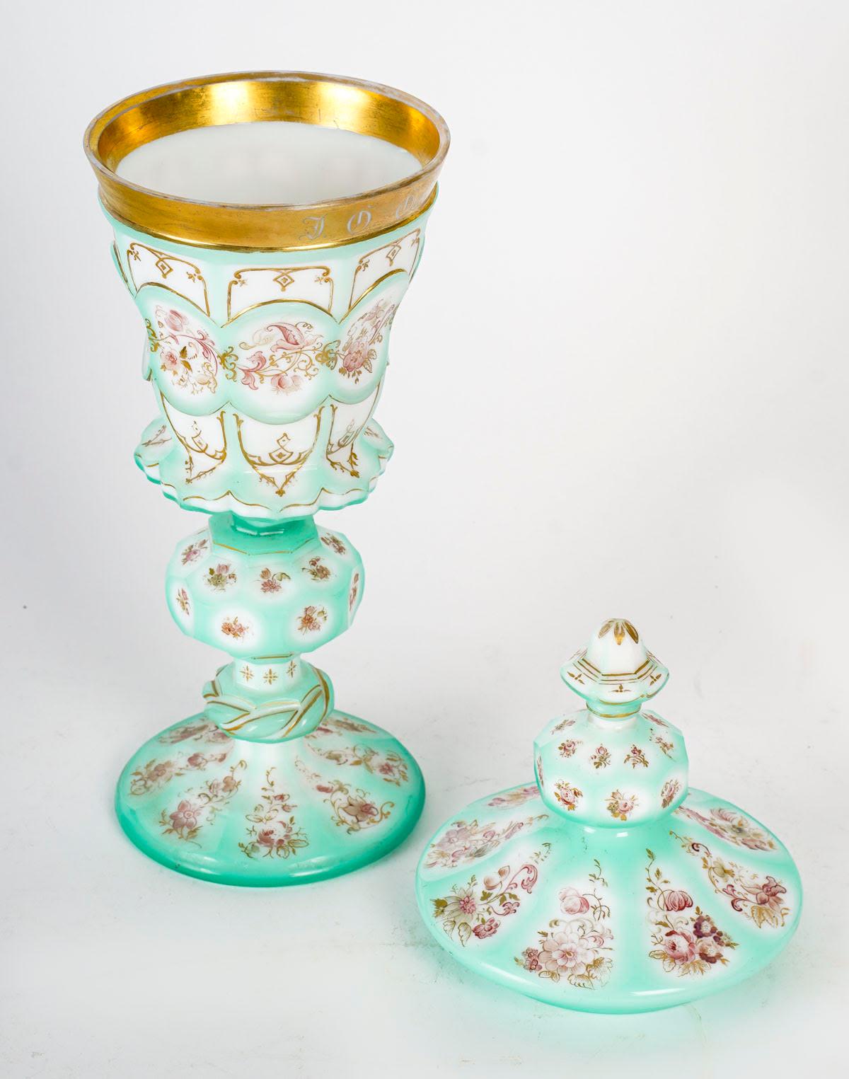 French Large Goblet in Opaline Overlay, 19th Century, Napoleon III Period. For Sale