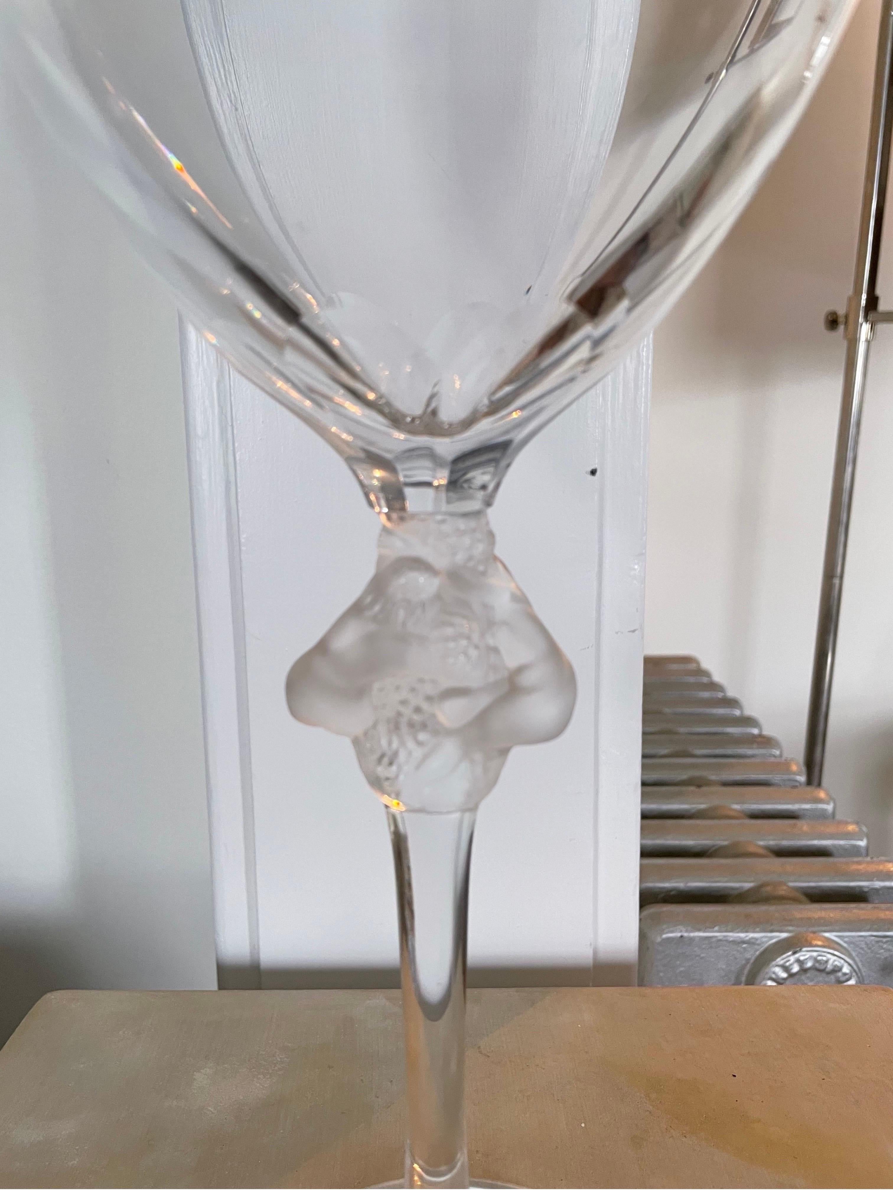 Beautiful Large Lalique Goblet vase Roxane Pattern. 2 nude figures embracing grapes or flowers. Nicely proportioned and balanced.