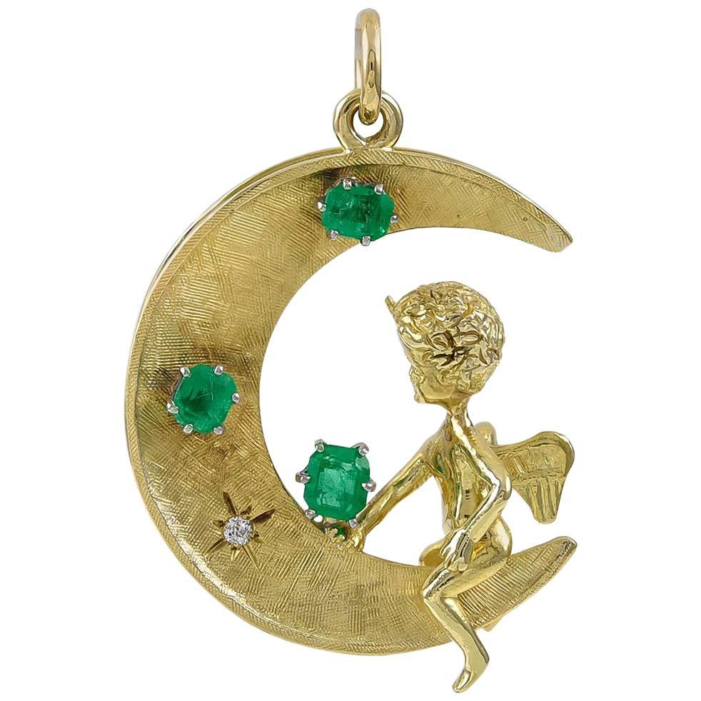 Large Gold and Emerald Angel or Devil Pendant