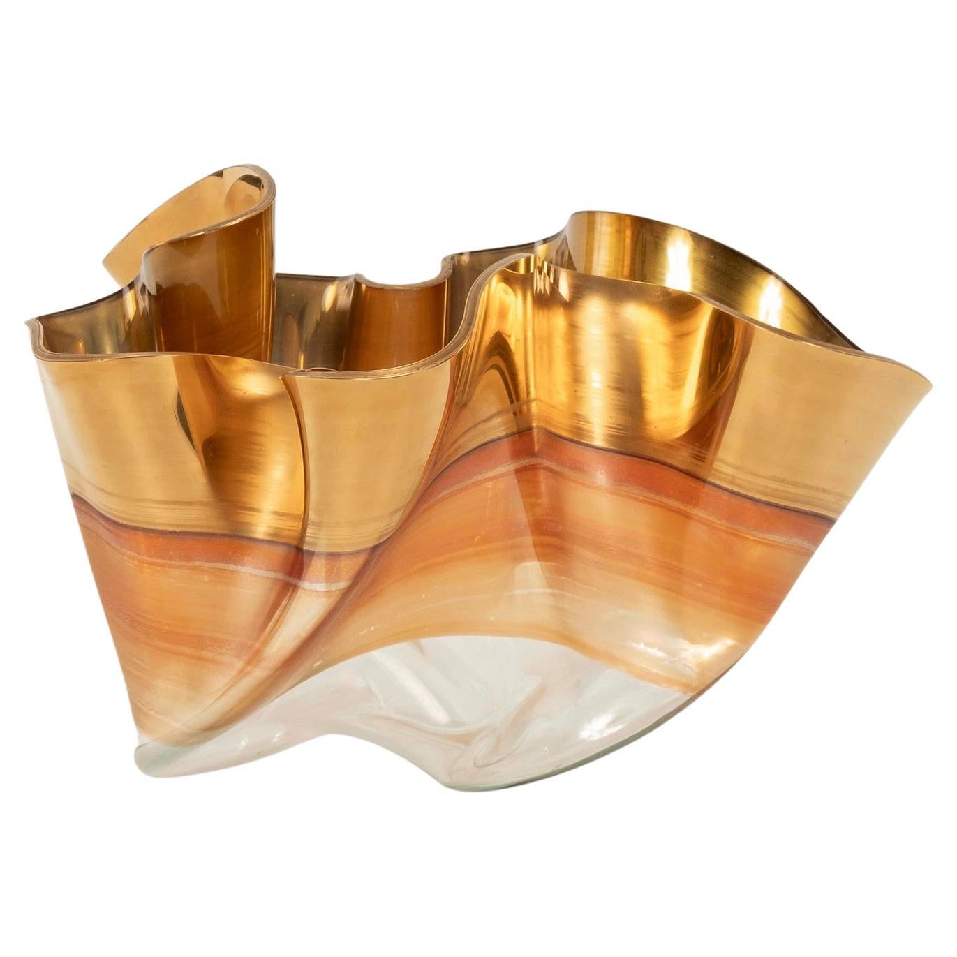 Large Gold Banded Art Glass Sculpture Bowl by Laurel Fyfe 28" Diameter