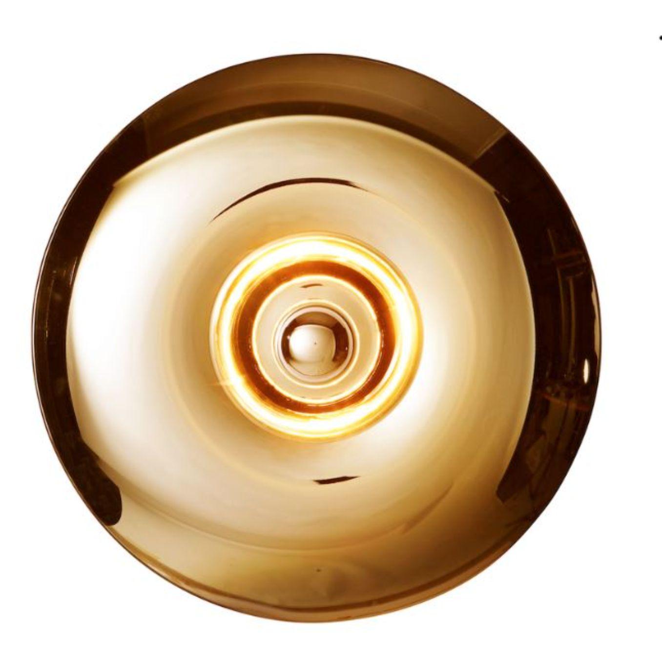Large gold Bombato wall light by RADAR
Design: Bastien Taillard
Materials: Metal, glass. 
Dimensions: W 70 x D 20 x H 70 cm
Also available in different colors (gold, bronze, Iris) and materials (solid Oak). 

All our lamps can be wired