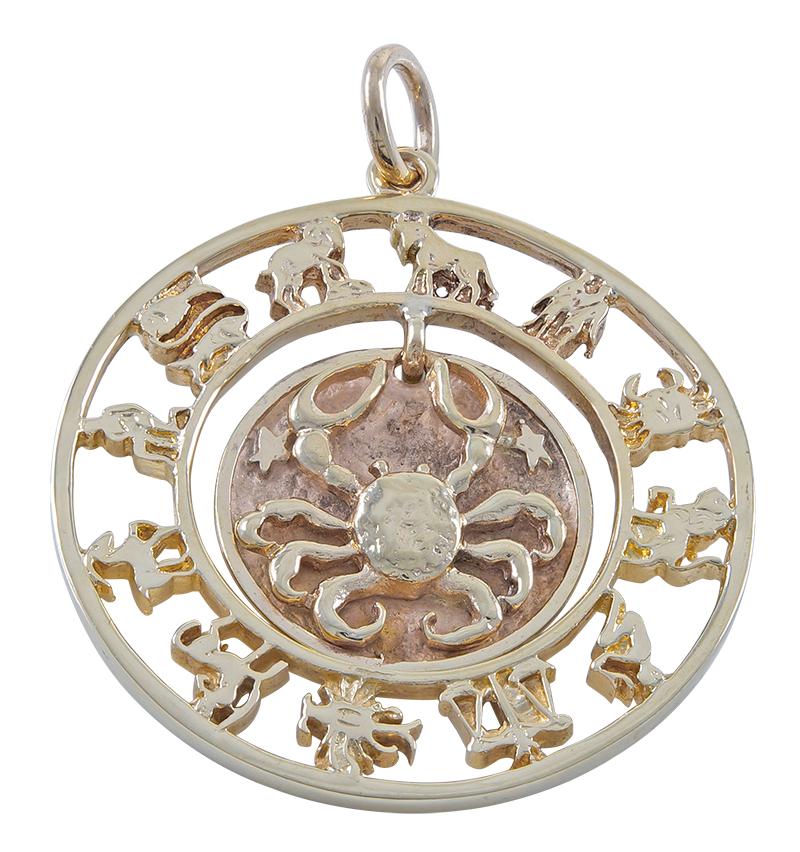 Large round charm, with cut-out astrological symbols.  Suspended from the center is a smaller disc with an applied figural 