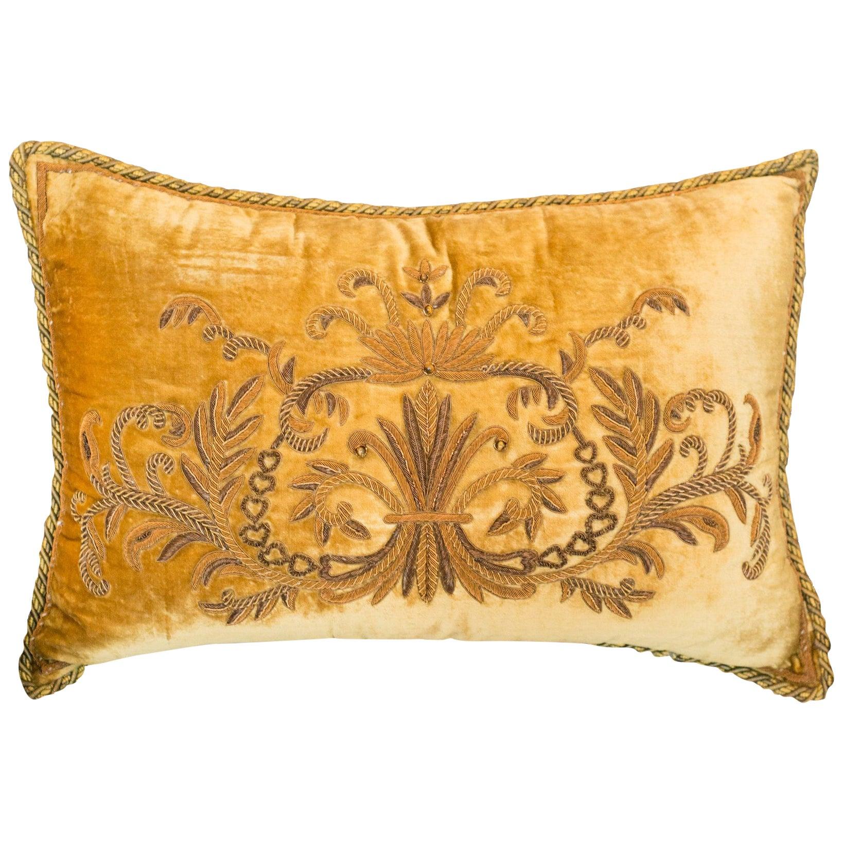 Large Gold Cotton Velvet Pillow with Metallic Embroidery and Tigers' Eye Beads