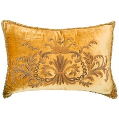 Large Gold Cotton Velvet Pillow with Metallic Embroidery and Tigers' Eye Beads