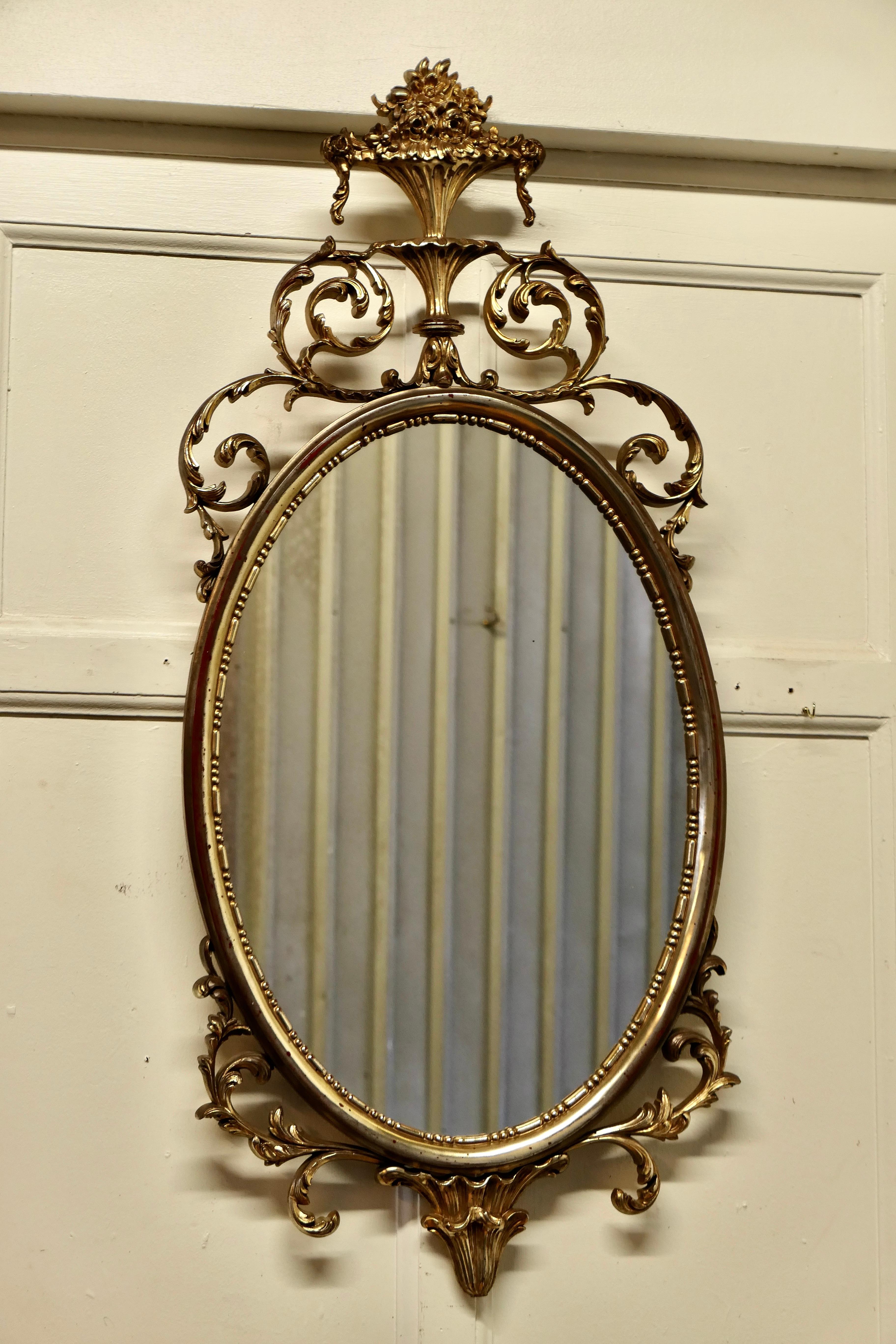 Rococo Revival Large Gold Crested Rococo Style Oval Wall Mirror  For Sale