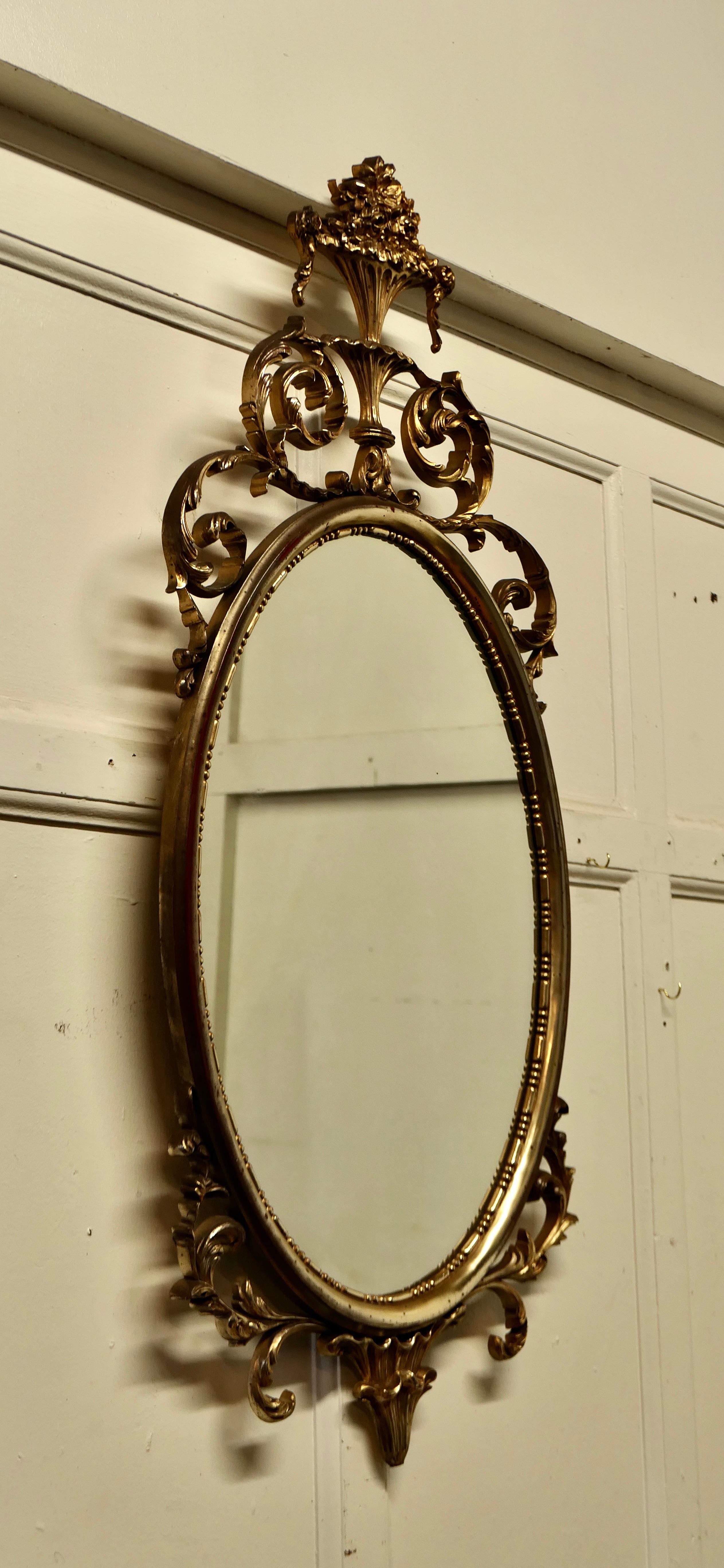 Large Gold Crested Rococo Style Oval Wall Mirror  For Sale 1