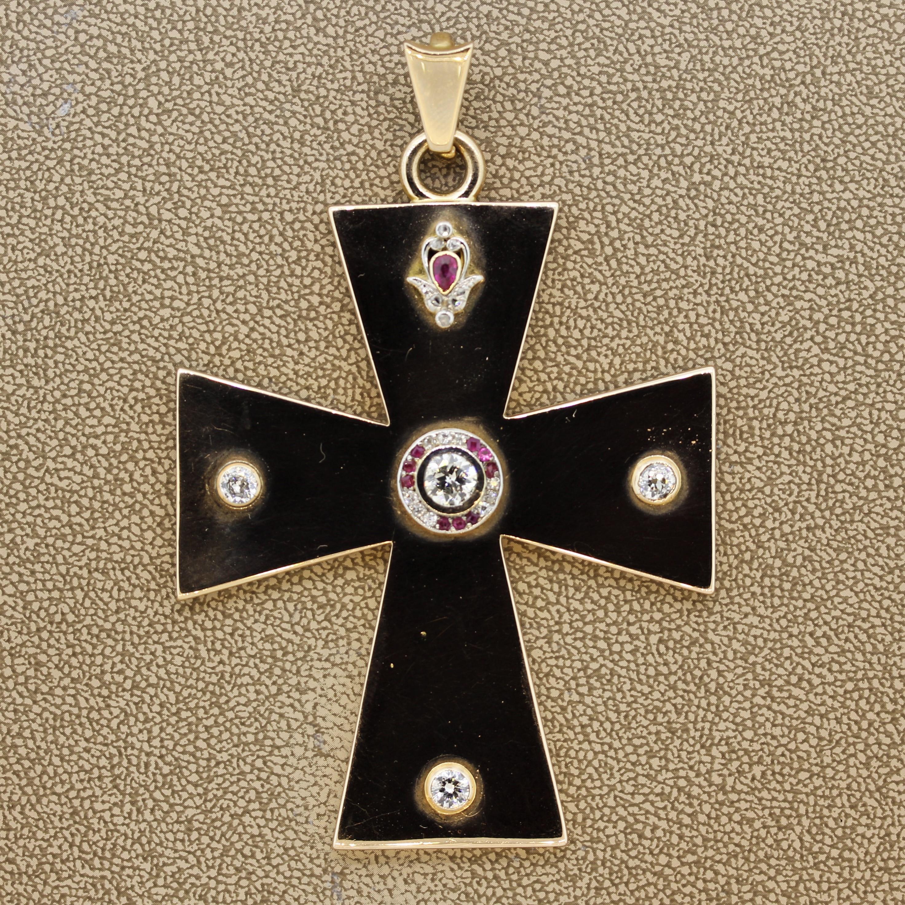 Here we have an extra-large gold cross. It is set with 2.00 carats of European cut diamonds and smaller rubies. Made in 18k gold and ready to make a statement.

Length: 3.25 inches