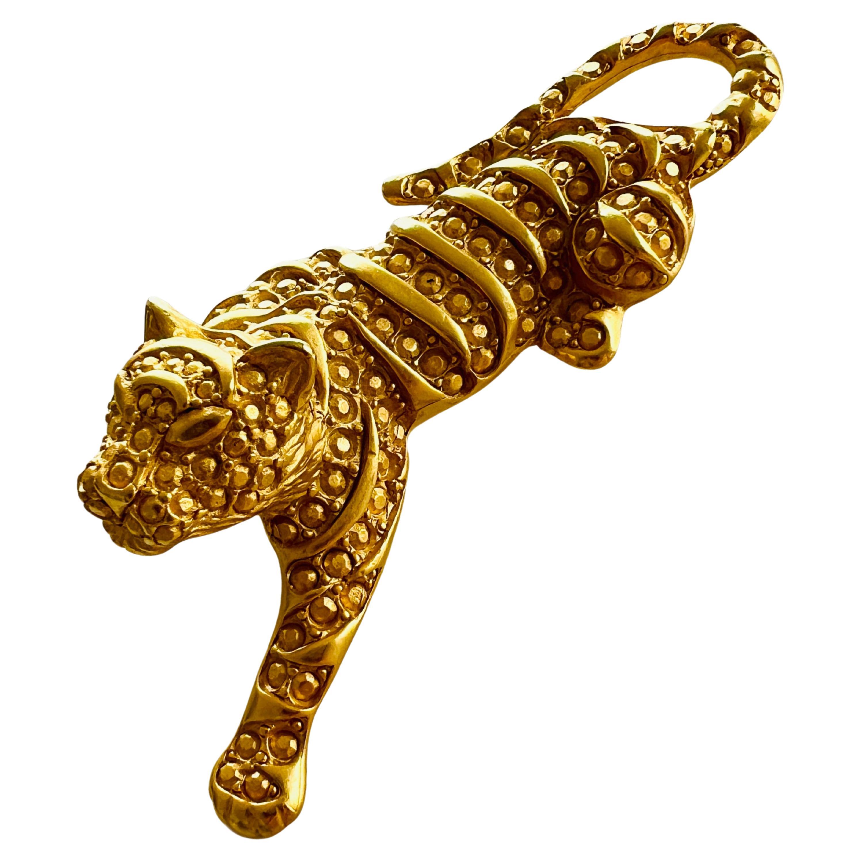 Large Gold Crouching Tiger Panther Exotic Cat Brooch Pin Heavy For Sale