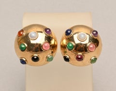 Large Gold Dome Earrings with Variety of Gems