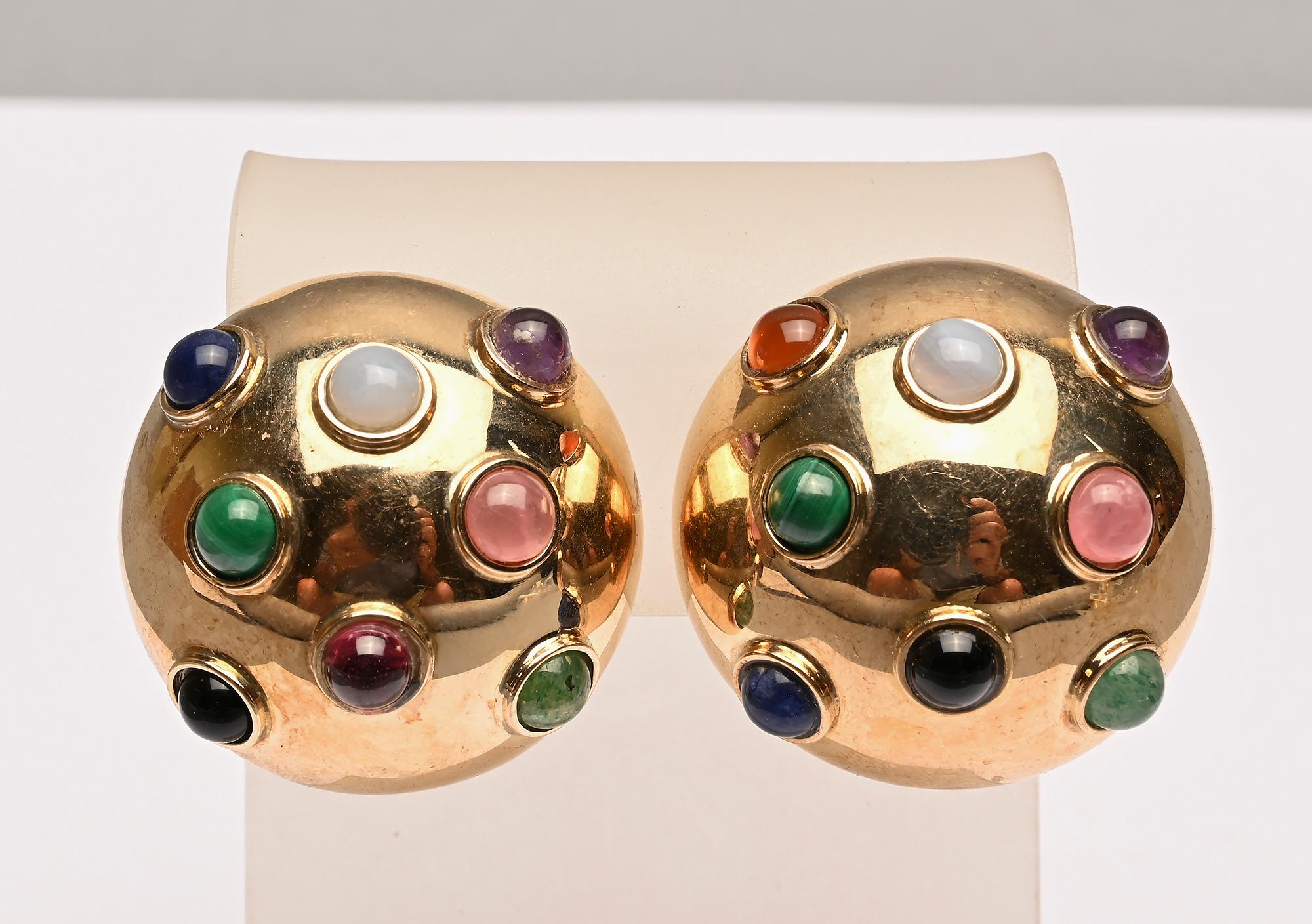 Contemporary Large Gold Dome Earrings with Variety of Gems For Sale