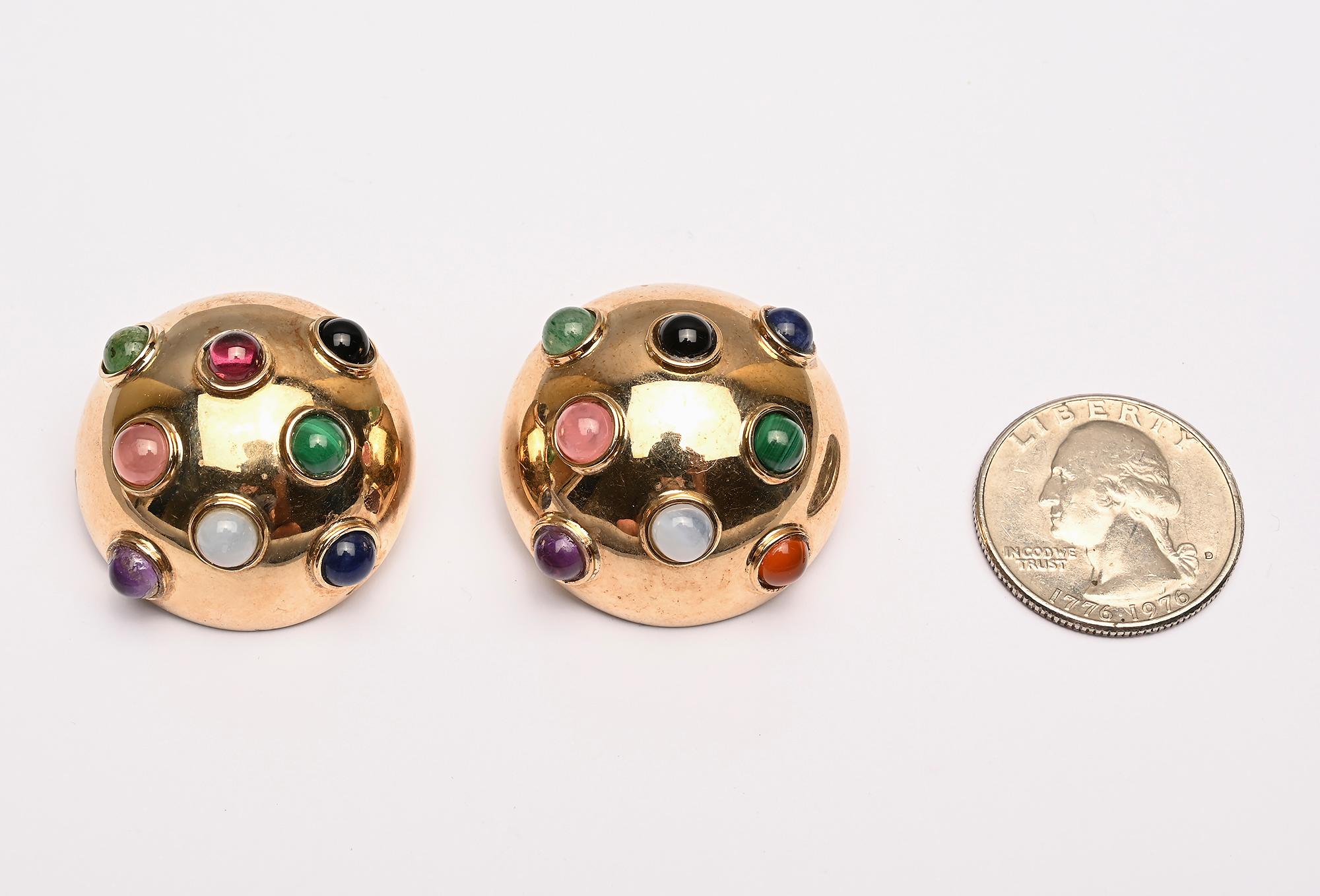 Cabochon Large Gold Dome Earrings with Variety of Gems For Sale