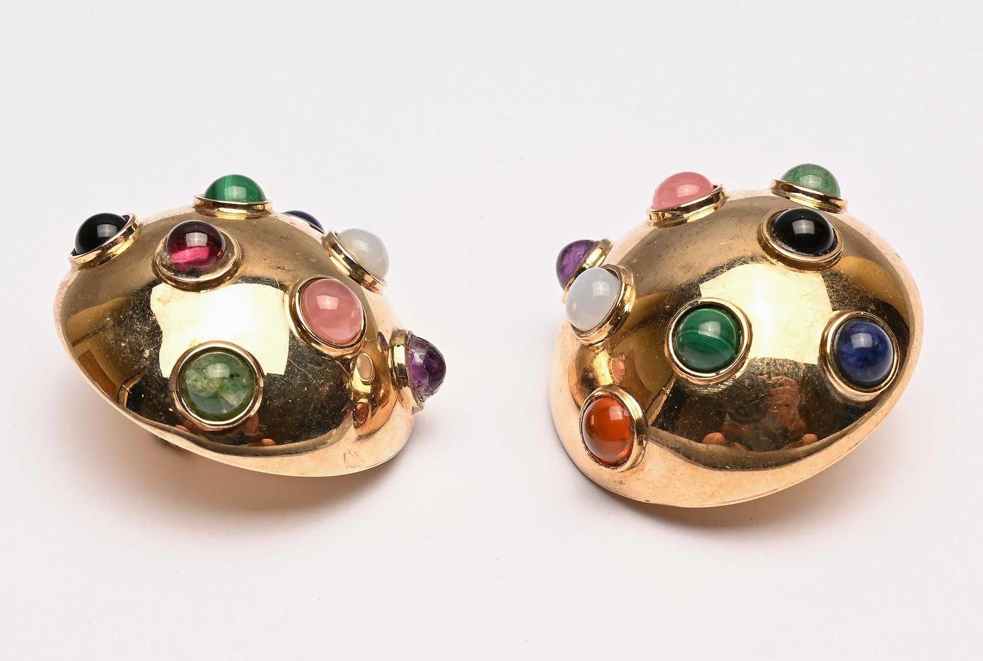 Large Gold Dome Earrings with Variety of Gems In Excellent Condition For Sale In Darnestown, MD