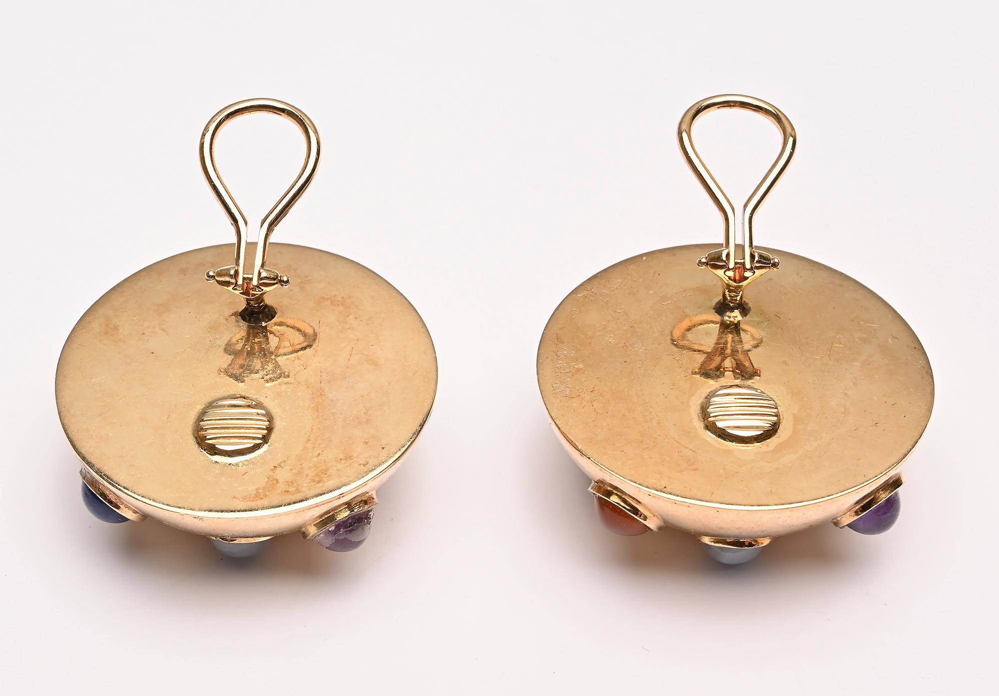 Women's or Men's Large Gold Dome Earrings with Variety of Gems For Sale