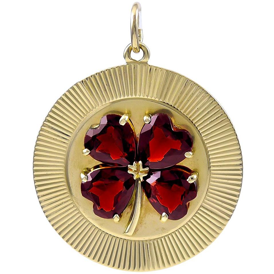 Large Gold Garnet Four-Leaf Clover Pendant or Charm