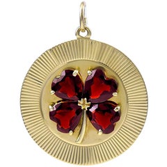 Vintage Large Gold Garnet Four-Leaf Clover Pendant or Charm