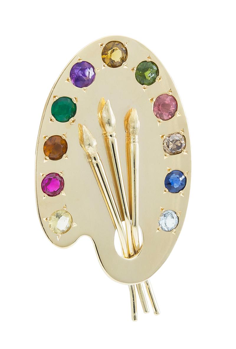Large Gold Gemset Palette Pin In Good Condition In New York, NY