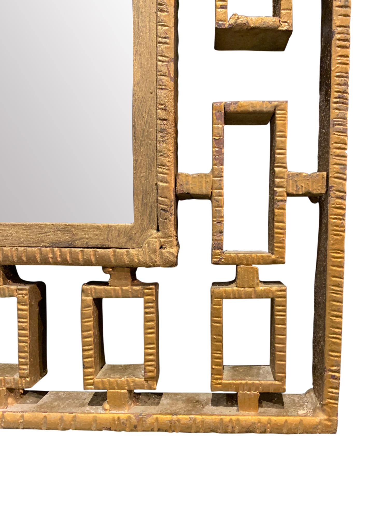 1960's Spanish large gold gilt iron framed mirror.
In the style of Jean Royere.
Can be hung horizontally or vertically.
Coordinating console table is available (F2883).