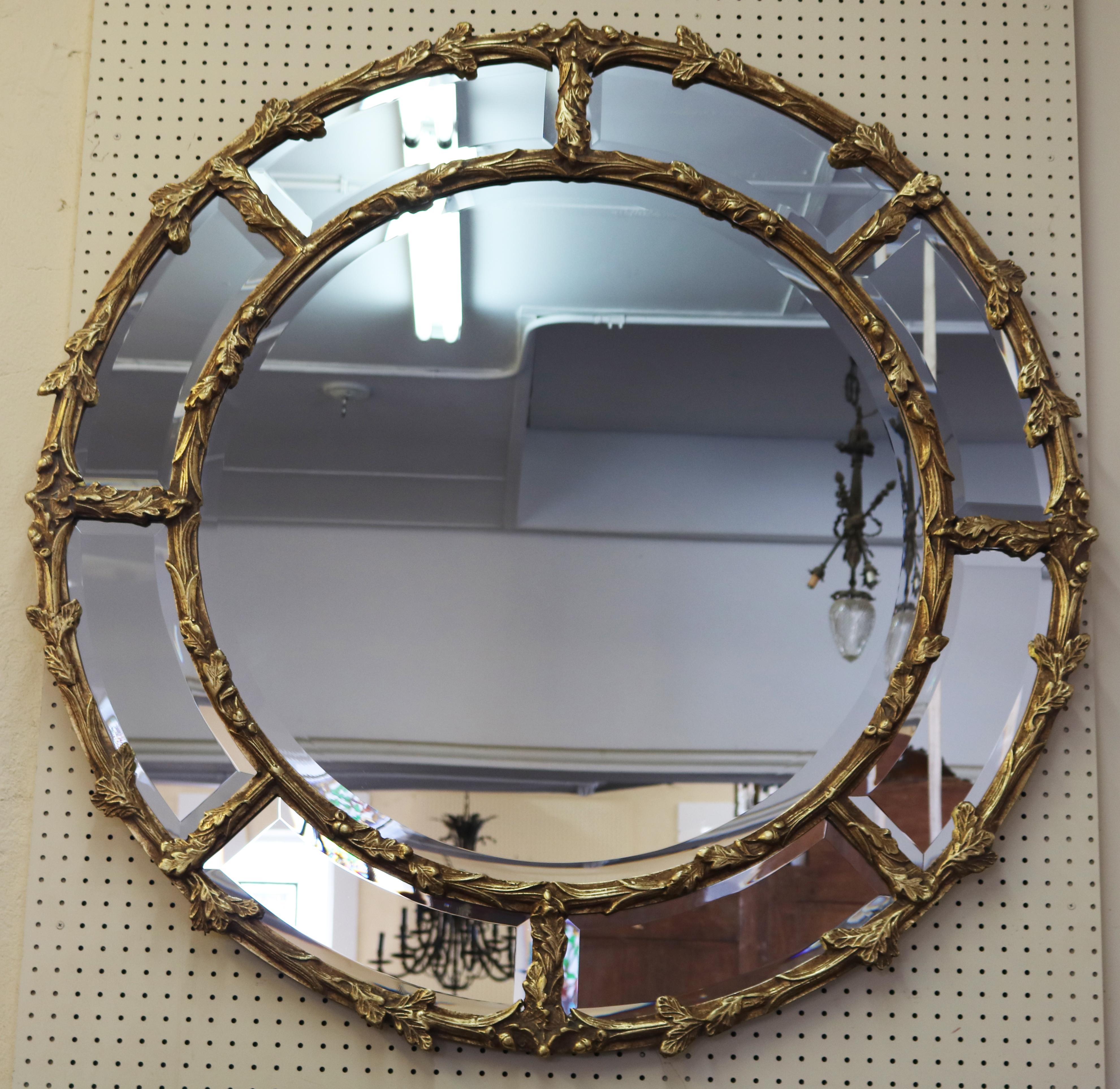 Large Gold Gilt-wood Beveled Round Hanging Mirror For Sale 6