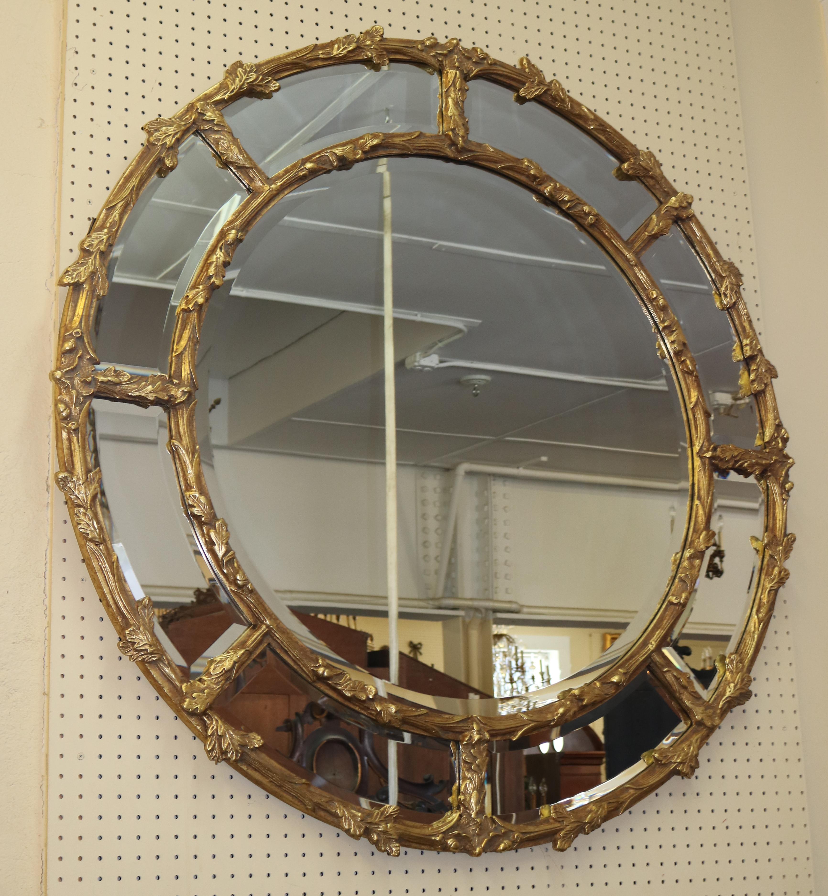 ​Stunning Large Gold Gilt-wood Beveled Round Hanging Mirror

Dimensions : 48 X 48 X 2

This gorgeous gold gilt mirror is stunning the quality of the frame and the bevel of the mirror is top notch. One identical mirror is currently on the market for