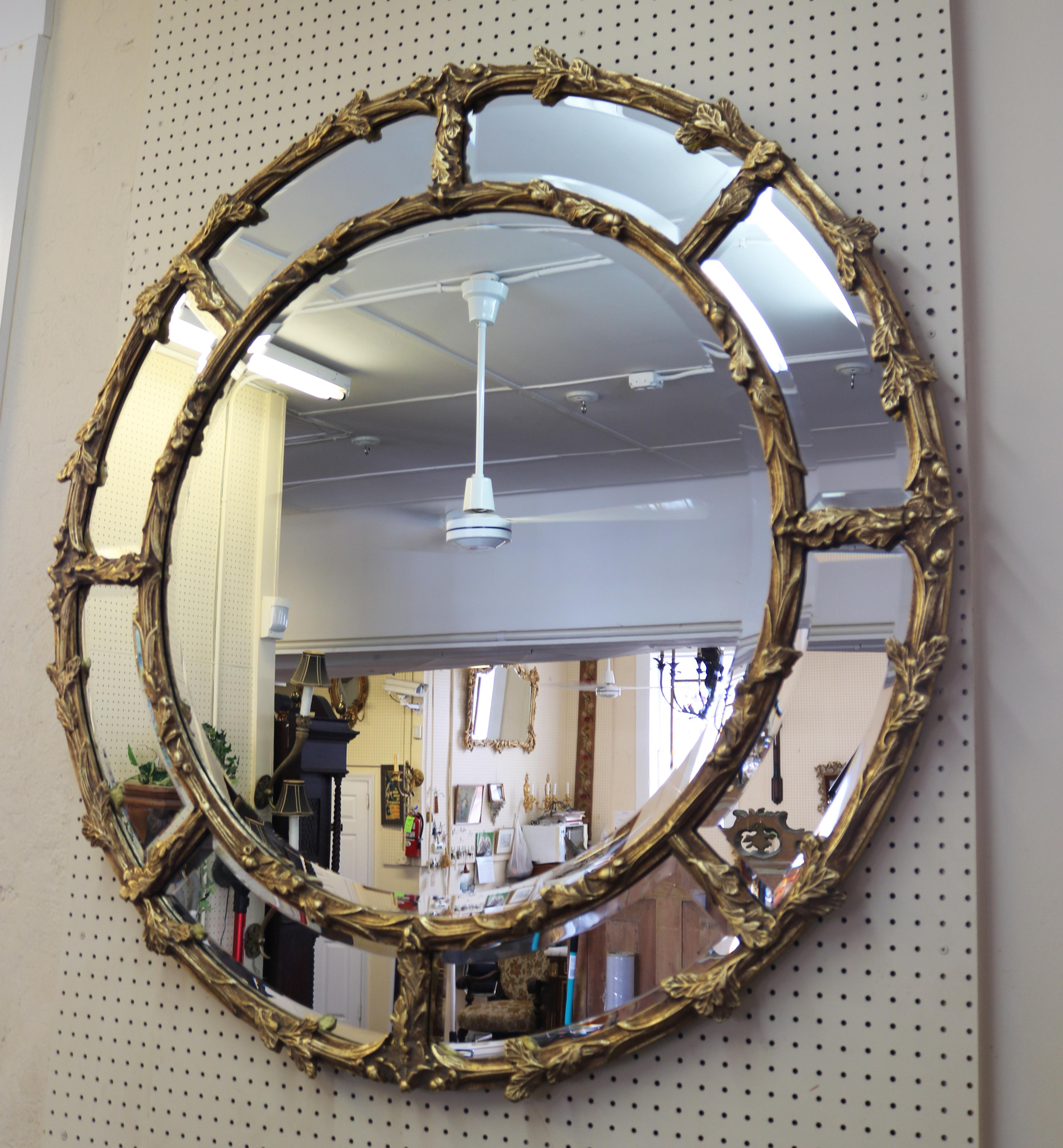 Rococo Large Gold Gilt-wood Beveled Round Hanging Mirror For Sale