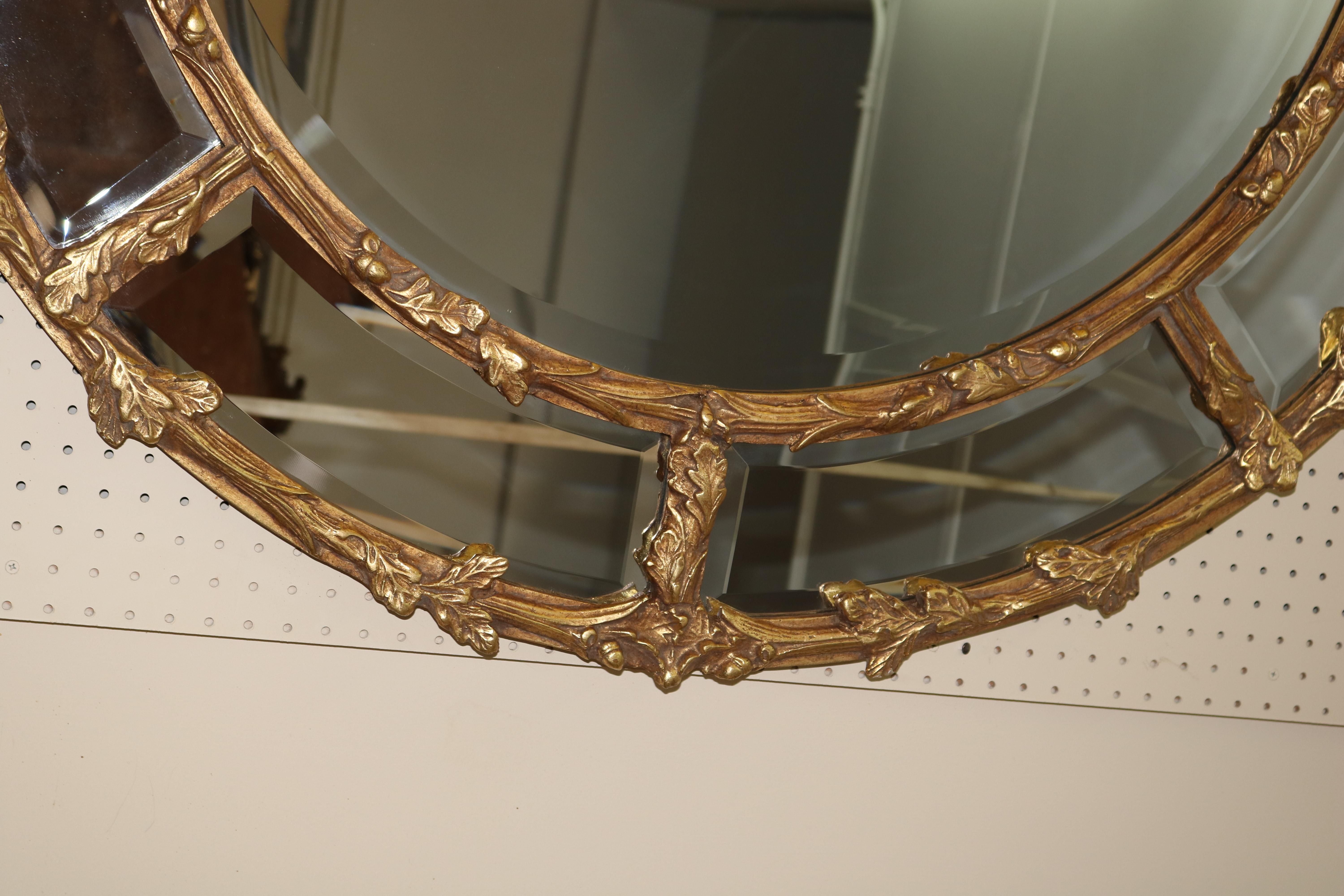 Contemporary Large Gold Gilt-wood Beveled Round Hanging Mirror For Sale