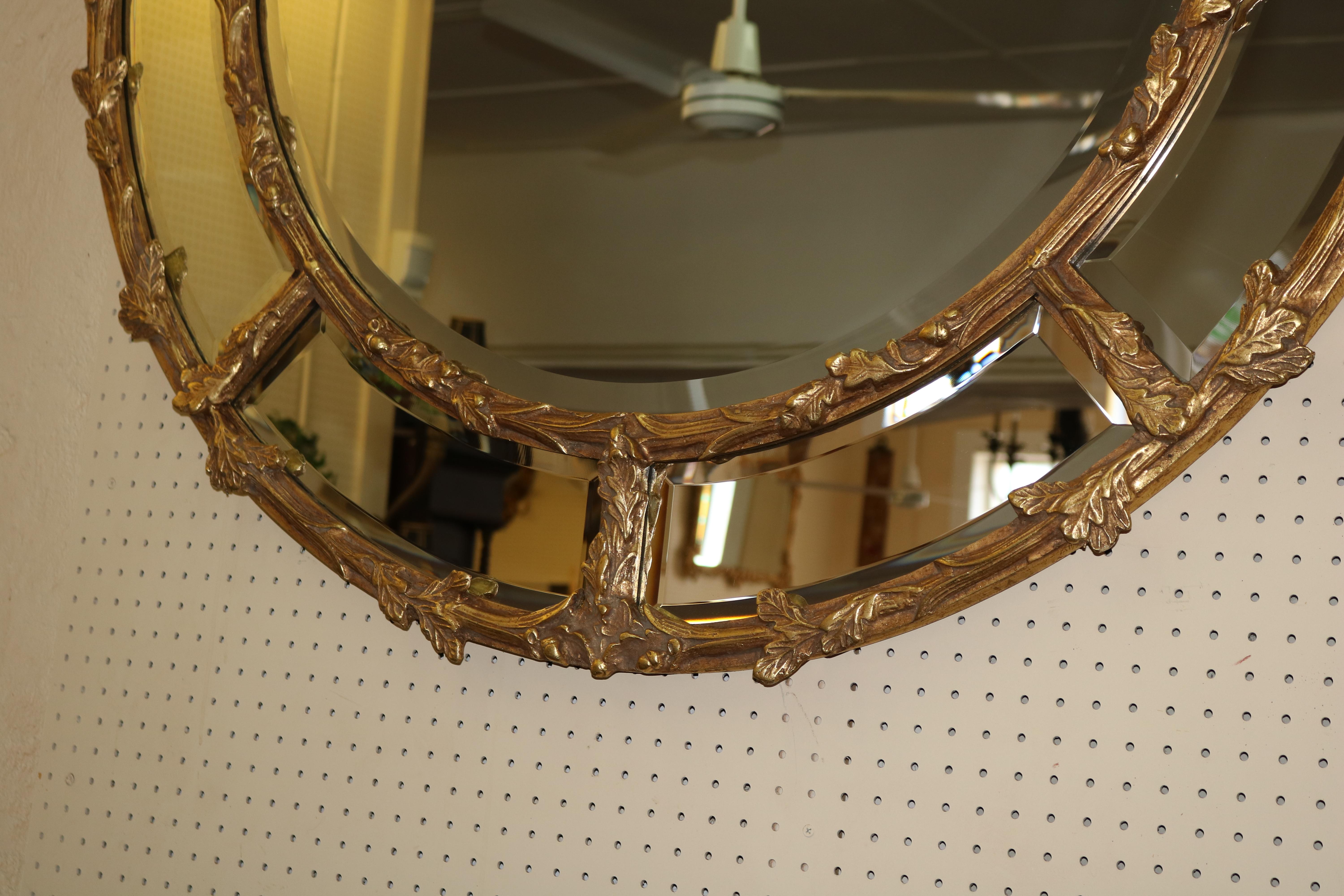 Large Gold Gilt-wood Beveled Round Hanging Mirror For Sale 1