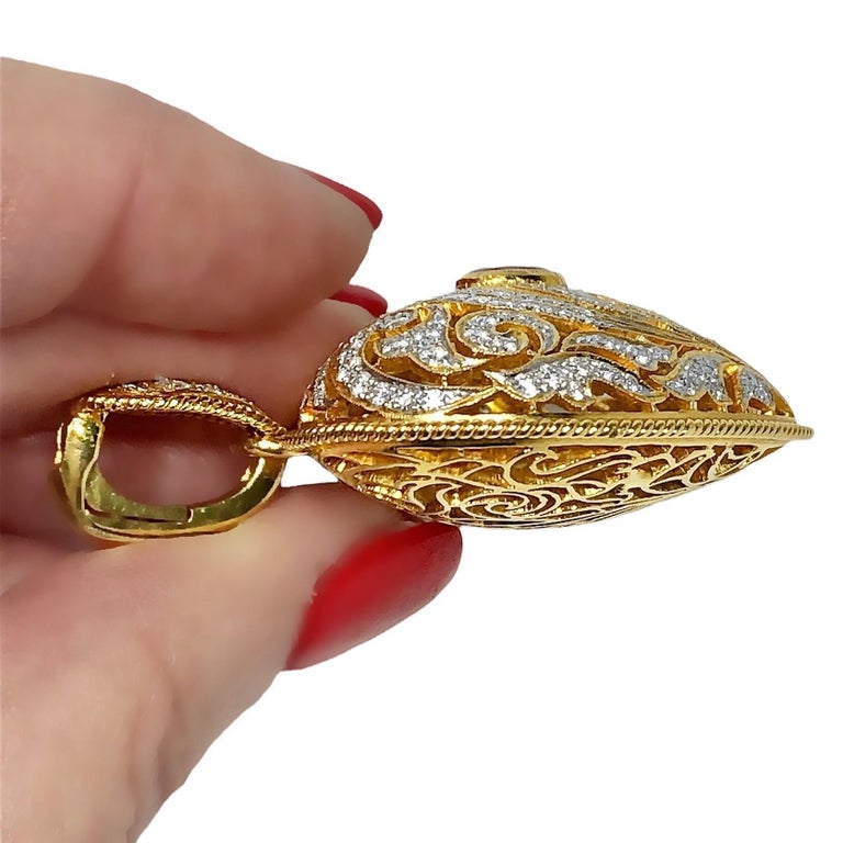 Large Gold Hand Pierced Diamond Encrusted Puffed Heart Pendant with Ruby Center In Good Condition For Sale In Palm Beach, FL