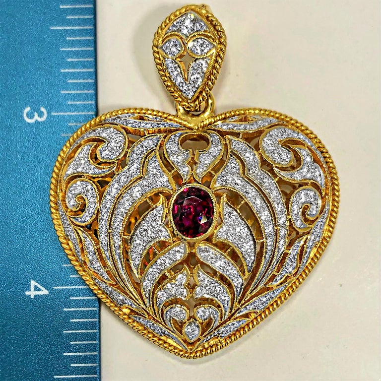 Large Gold Hand Pierced Diamond Encrusted Puffed Heart Pendant with Ruby Center For Sale 1