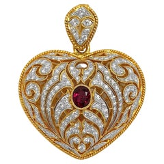 Retro Large Gold Hand Pierced Diamond Encrusted Puffed Heart Pendant with Ruby Center