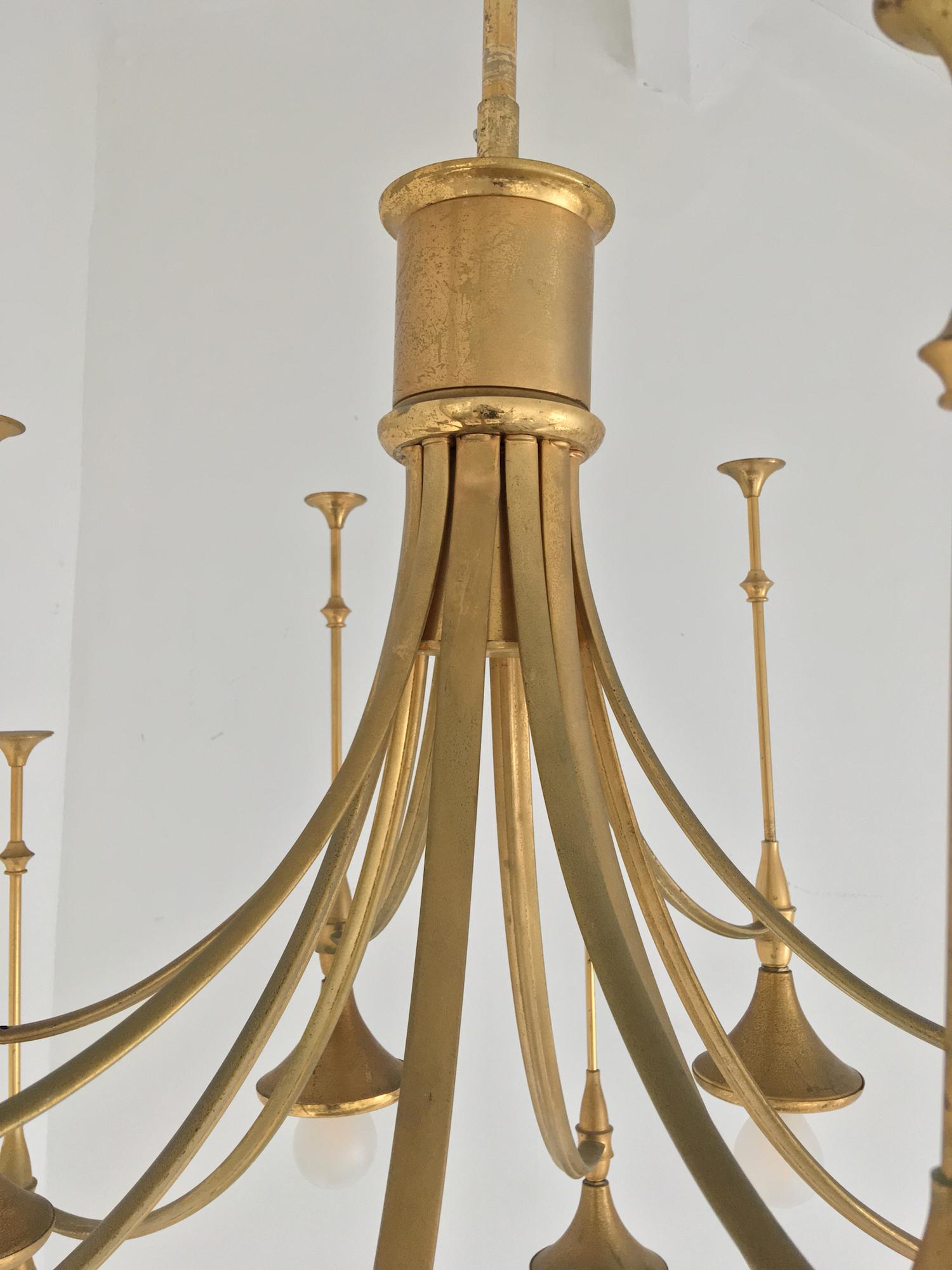 Metal Large Gold Lacquered Chandelier, Italy, 1960s