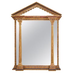 Large Gold Leaf and Polychromed Mirror with Pediment