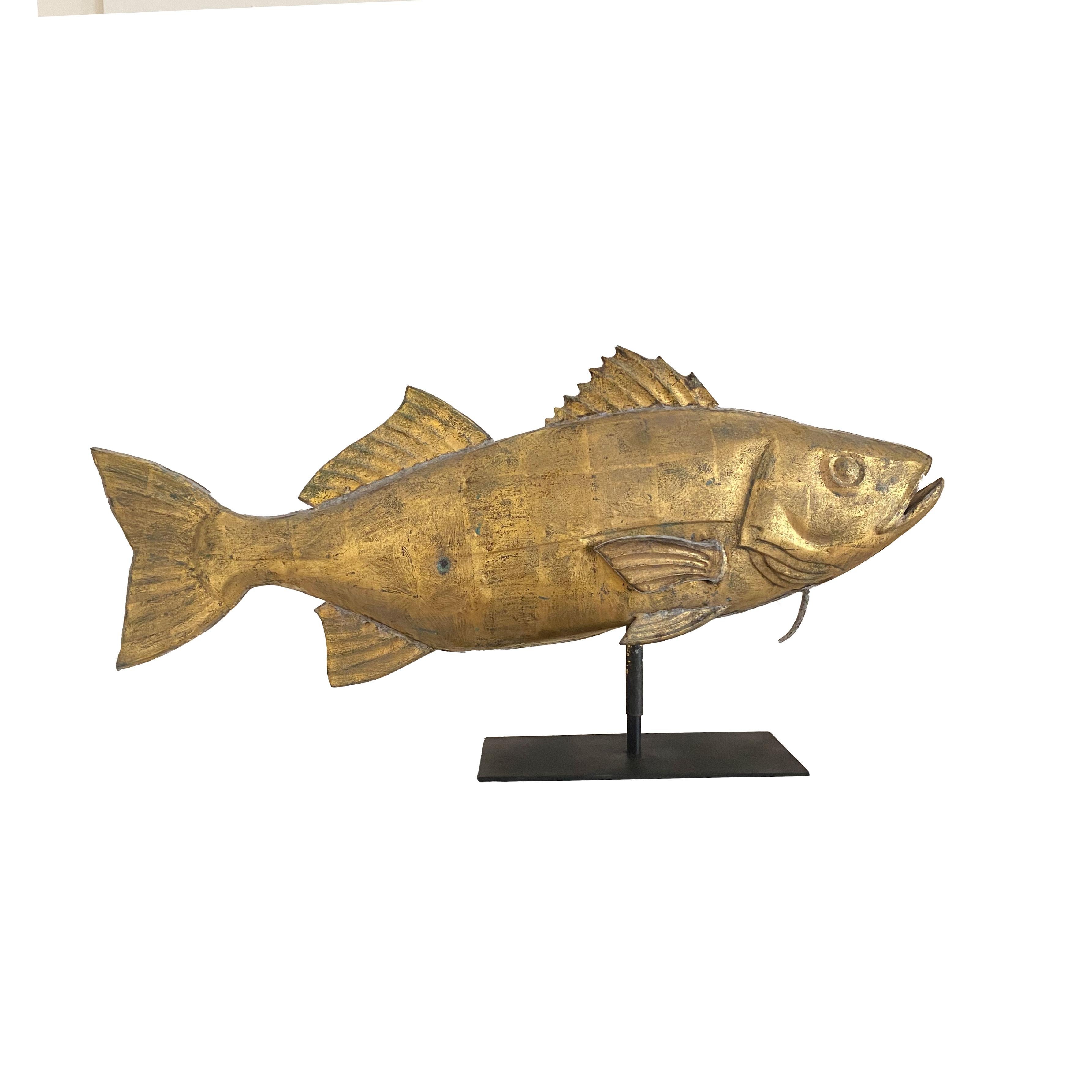 Unusually large full-bodied copper codfish, molded sheet copper fins with soldering, and a iron barbel. Original gold leaf surface, with minor dents and surface wear, showing some verdigris. A great oversized sculpture, a true one of a kind item.