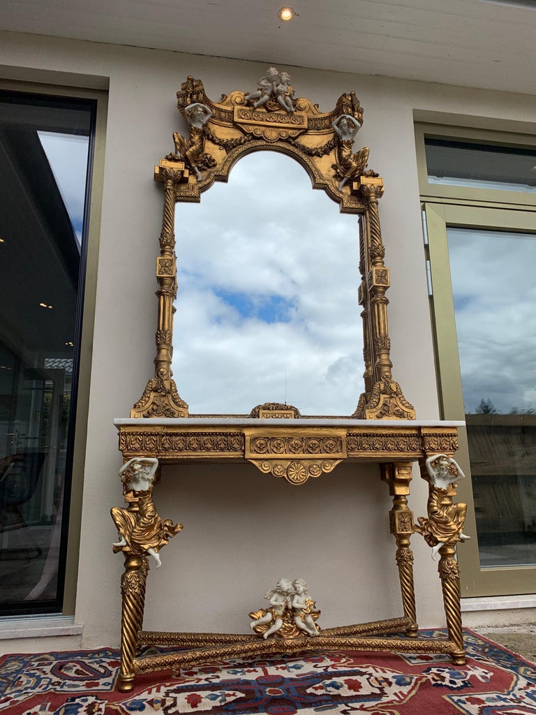 Large Gold Leafed 20th Century Console Mirror and Table with Marble Top ...