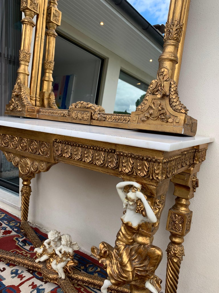 Large Gold Leafed 20th Century Console Mirror and Table with Marble Top For Sale 11