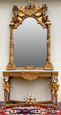 Large Gold Leafed 20th Century Console Mirror and Table with Marble Top