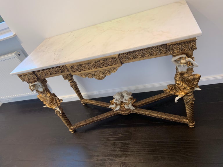Large Gold Leafed 20th Century Console Mirror and Table with Marble Top For Sale 4