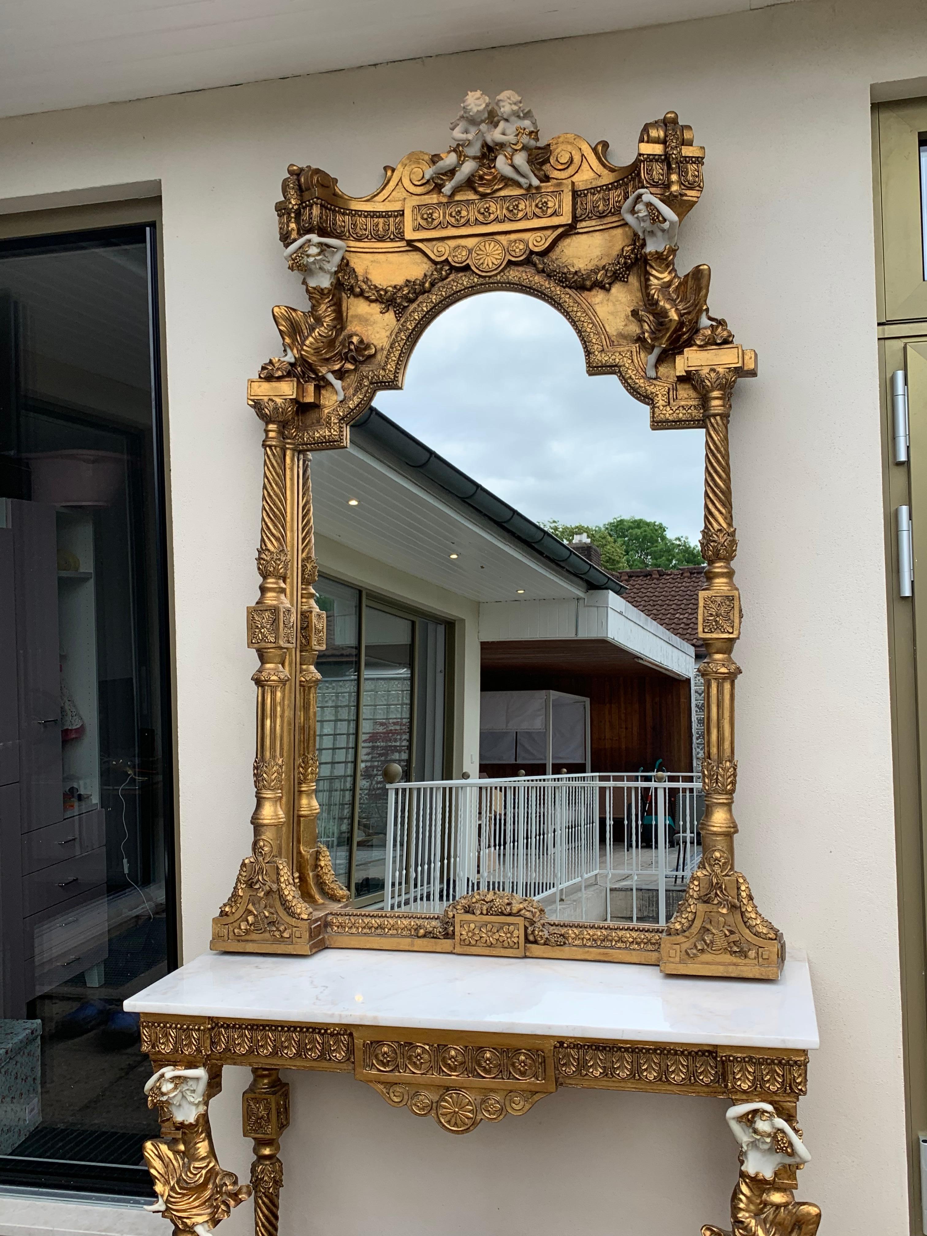 Large Gold Leafed 20th Century Console Mirror and Table with Marble Top For Sale 3