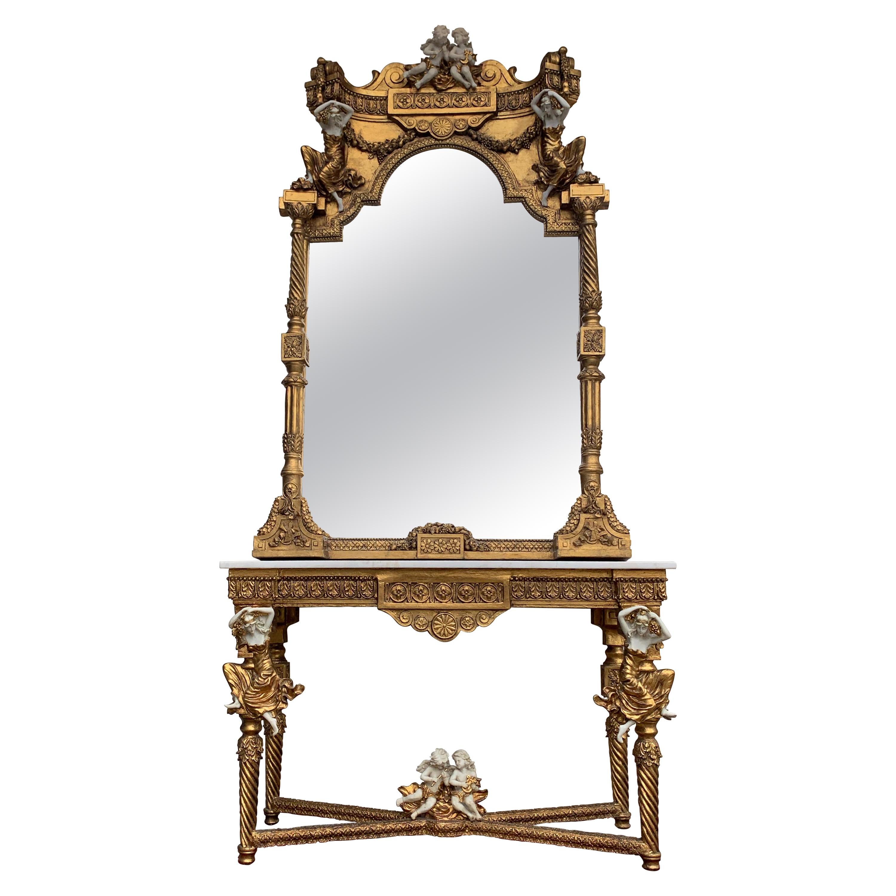 Large Gold Leafed 20th Century Console Mirror and Table with Marble Top