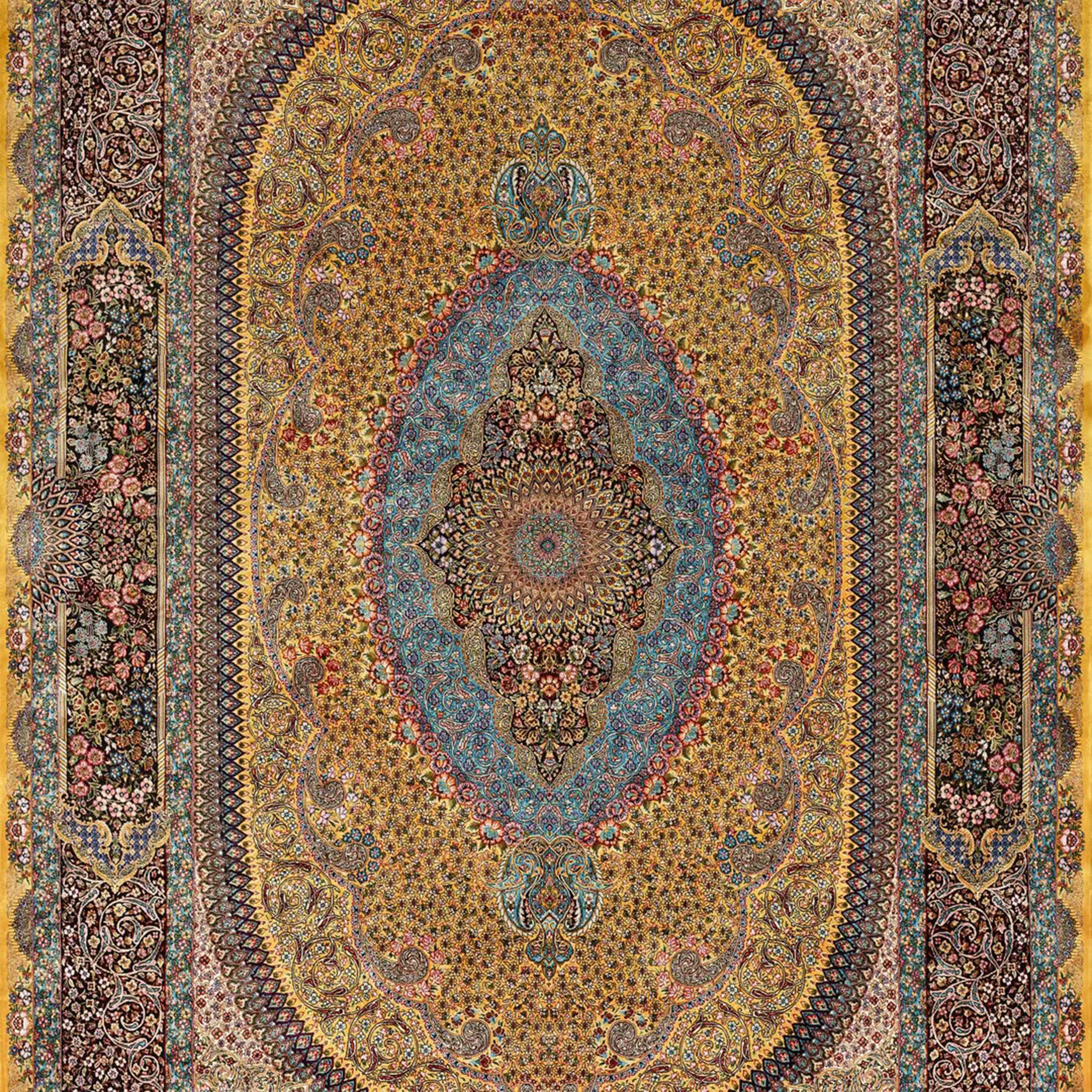 Questo grande tappeto persiano di seta di 2x3 metri è una sofisticata miscela di design classico di Isfahan e di audace tavolozza contemporanea, ideale per dare un'impronta a interni raffinati. Lucidato a mano fino a raggiungere una brillantezza