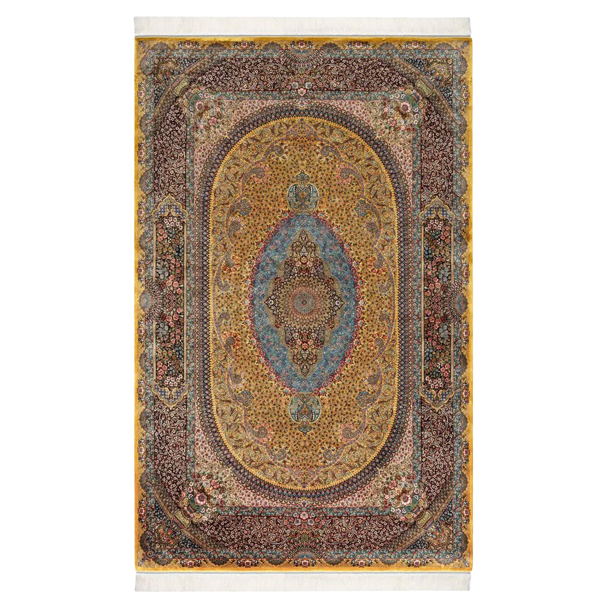 Tappeto in seta stile Isfahan con medaglione d'oro grande, 2x3m per l'arredamento d'interni in vendita