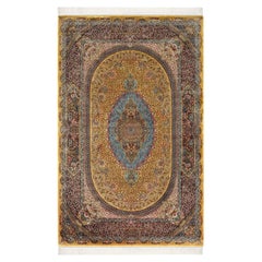Large Gold Medallion Isfahan Style Silk Rug, 2x3m for Interior Design