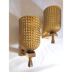 Gold Mirrored Murano Glass & Brass Mid-Century Modern Sconces Mazzega Style 1960